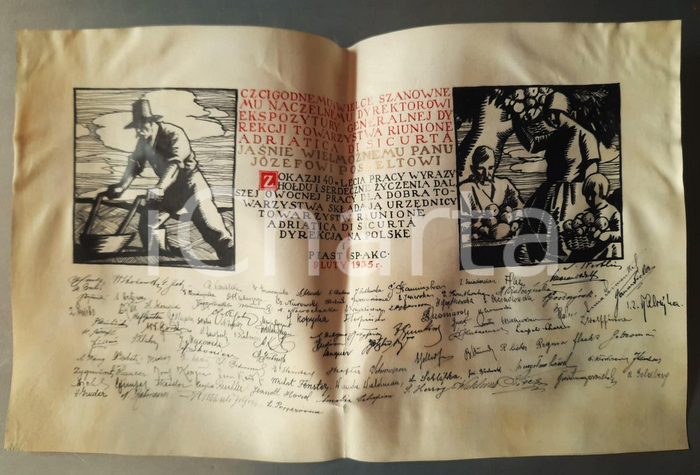 Documento originale, autentico 1935 VARSAVIA Riunione Adriatica di Sicurtà  Pergamena impiegati RARA 50x31 cm 1