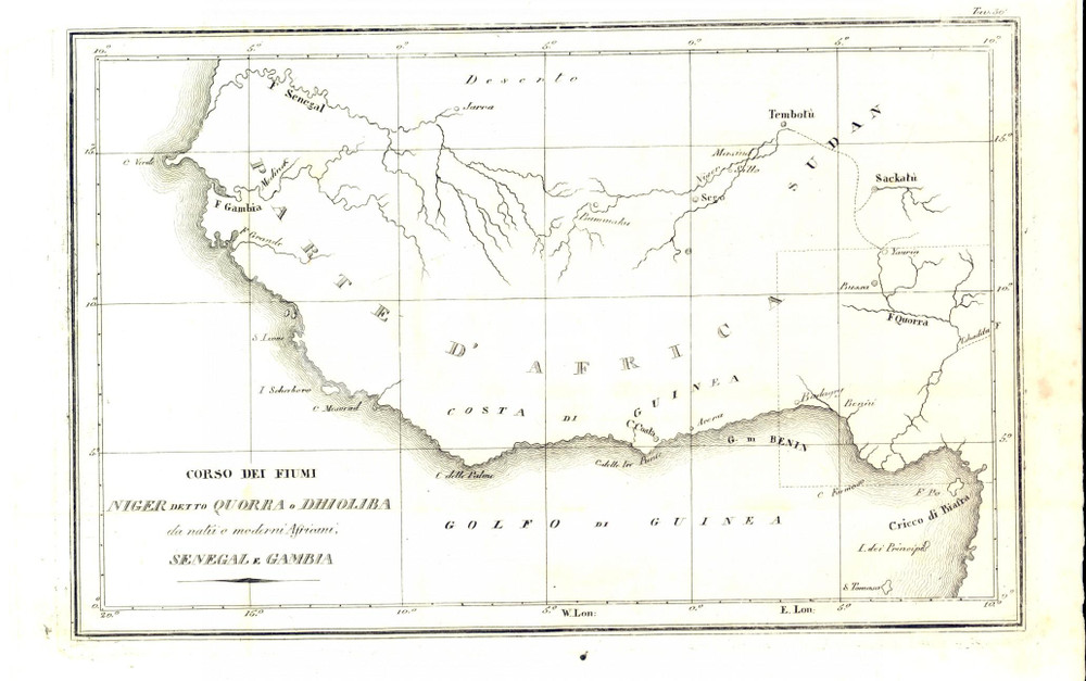 Stampa, bozzetto originale 1834 AFRICA Corso del fiume Niger detto Quorra o Dholiba Incisione FERRARIO 1