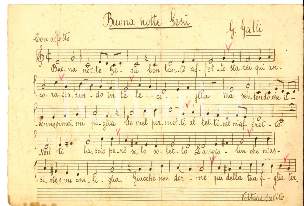 Oggetto da collezione cartaceo 1890 ca G. GALLI Buonanotte GesÃ¹  *Spartito musicale MANOSCRITTO 1