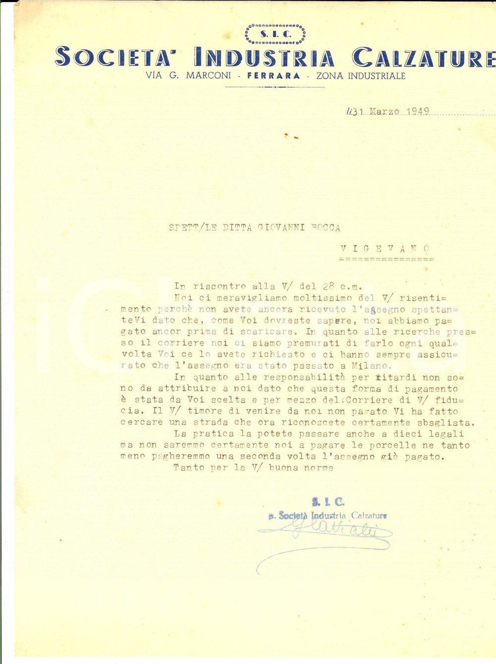 Documento originale, autentico 1949 FERRARA SIC Società Industria Calzature *Lettera commerciale 1