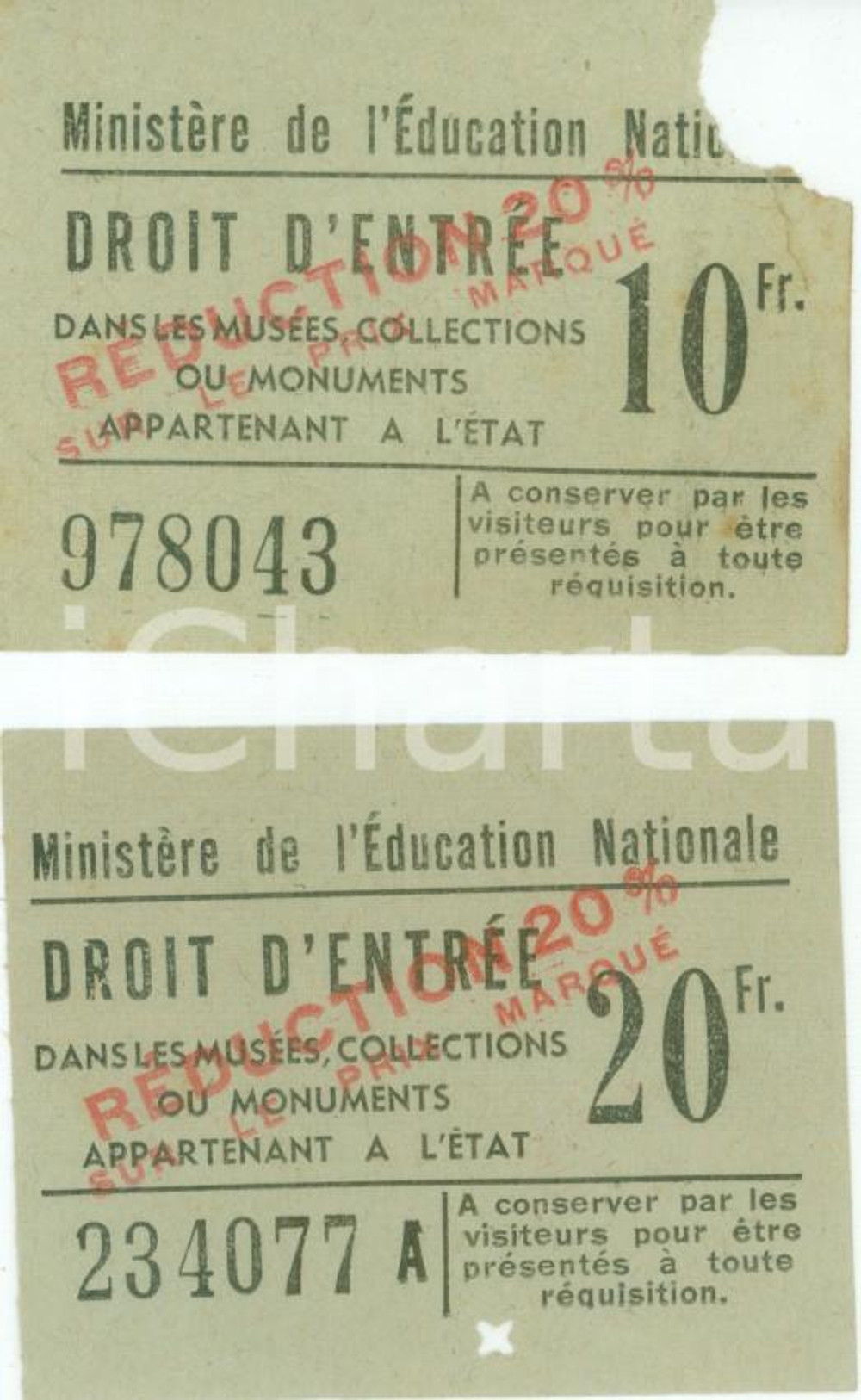 Oggetto da collezione cartaceo 1950 ca PARIS MinistÃ¨re Education Nationale Lotto 2 biglietti per musei 1