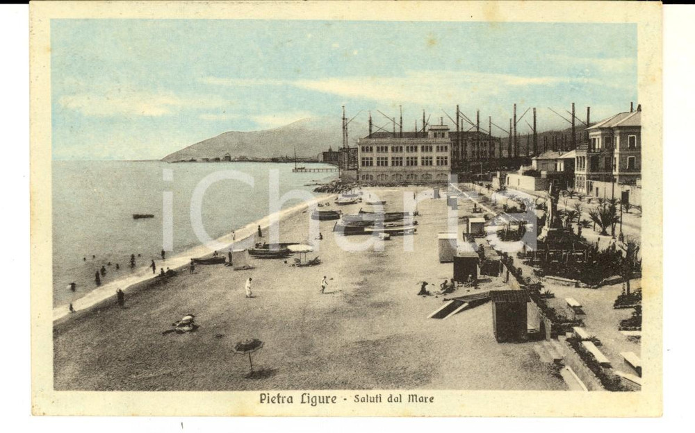 Cartolina originale da collezione 1929 PIETRA LIGURE SV Veduta della spiaggia con le barche Cartolina ANIMATA 1