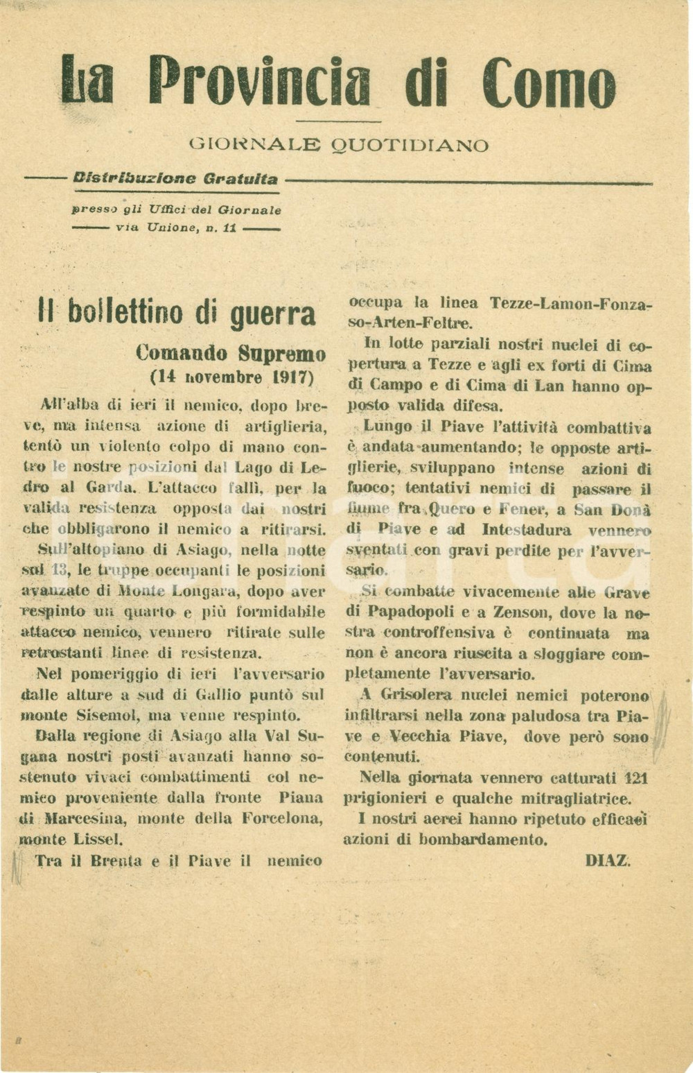 Documento originale, autentico 1917 FRONTE DEL PIAVE WWI Austriaci respinti da Monte SISEMOL Provincia di COMO 1