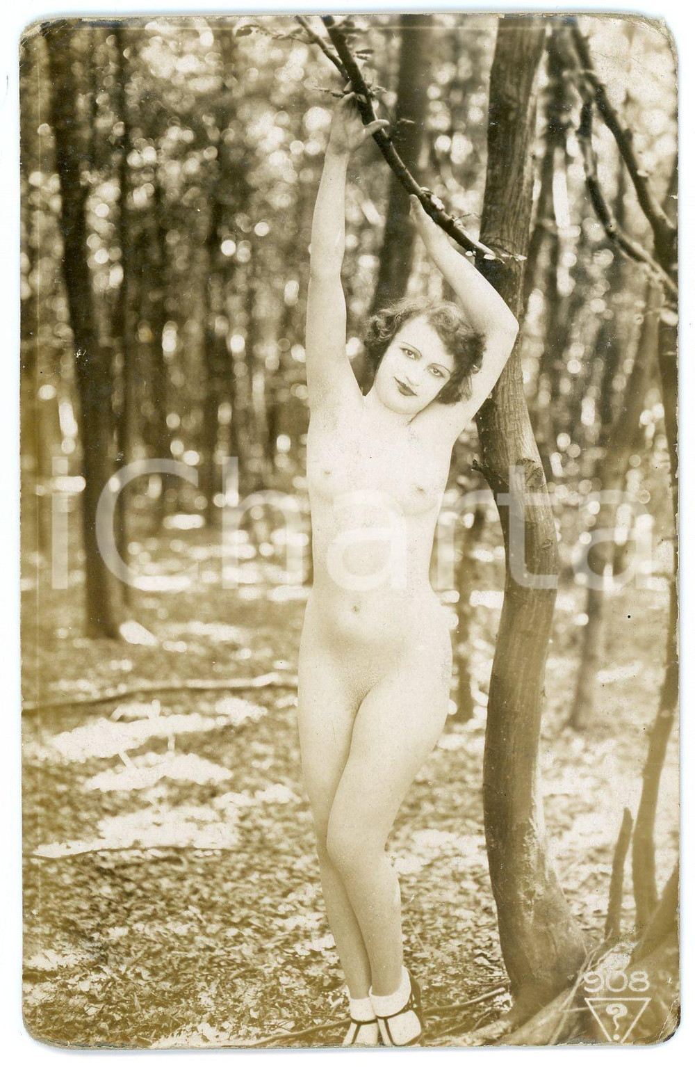 1920 ca VINTAGE EROTIC Nude woman in a wood - Postcard risque  Cartolina postale d'epoca, priva di stampa al verso.CONDIZIONI: FAIR (smussature angolari)FORMATO: FP    originale e autentica 1