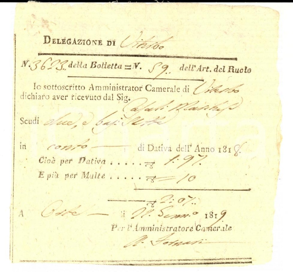 Documento originale, autentico 1819 ORTE VT Ricevuta al marchese CASALI per versamento dativa 1