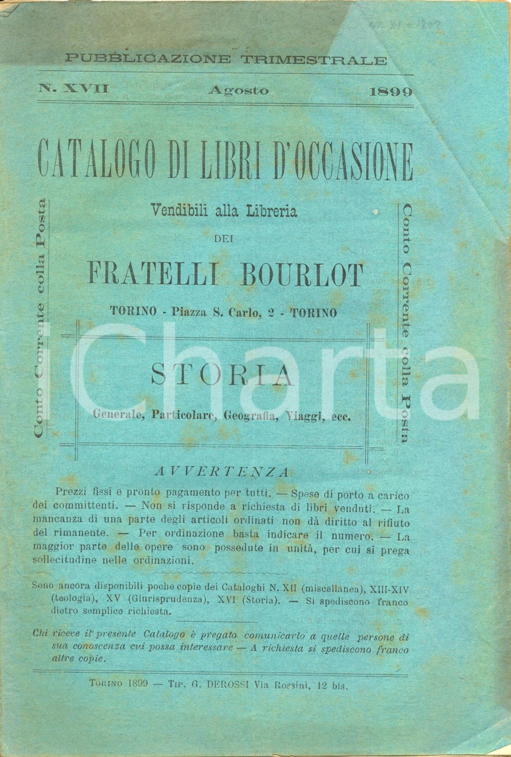 Libro, pubblicazione d epoca 1899 TORINO Catalogo libreria FRATELLI BOURLOT nÂ° XVII Storia Geografia Viaggi 1