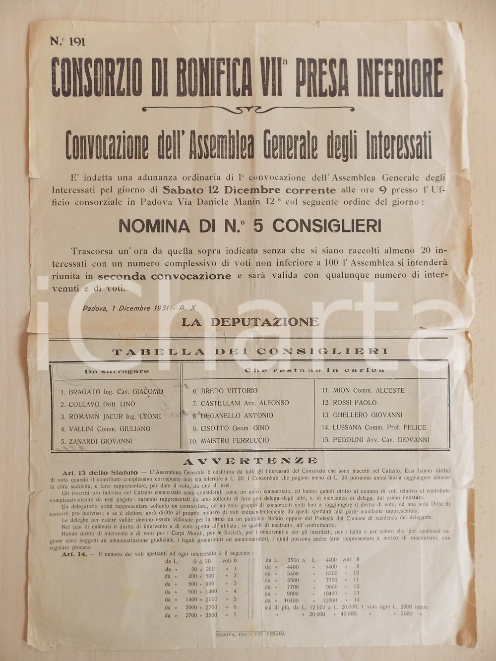 Documento originale, autentico 1931 PADOVA Assemblea Generale Consorzio Bonifica VII PRESA INFERIORE *Manifesto 1