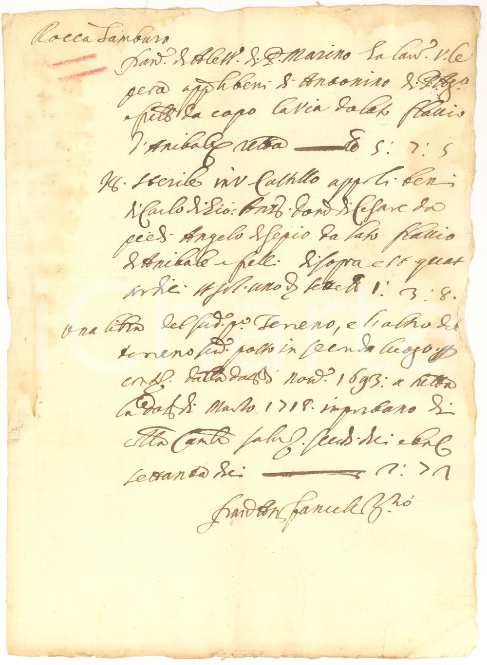 Manoscritto, lettera originale 1718 ROCCATAMBURO PG Terre di Francesco d Alessandro 1