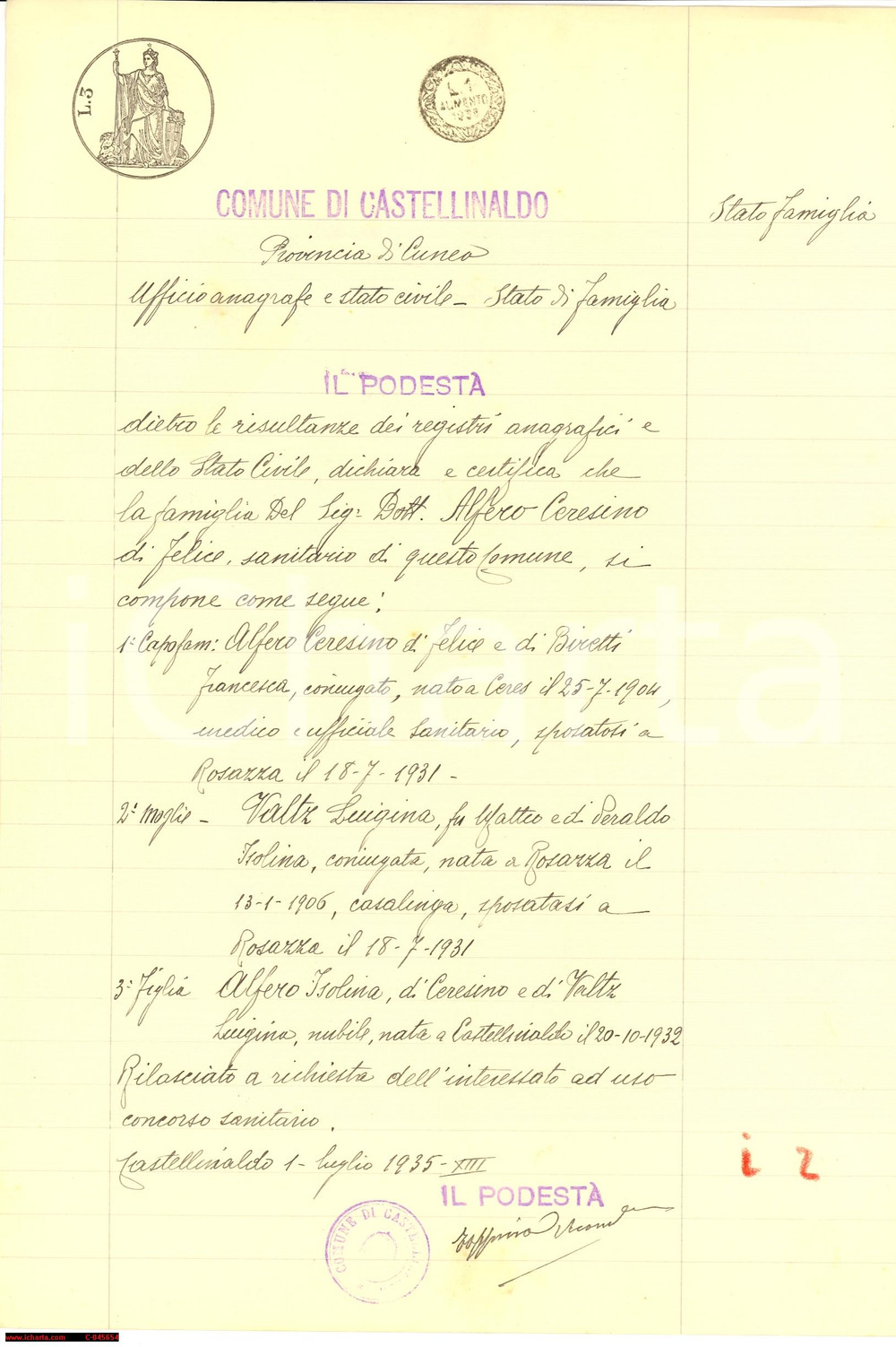 Documento originale, autentico 1935 CASTELLINALDO (CN) Famiglia dott. Ceresino ALFERO 1