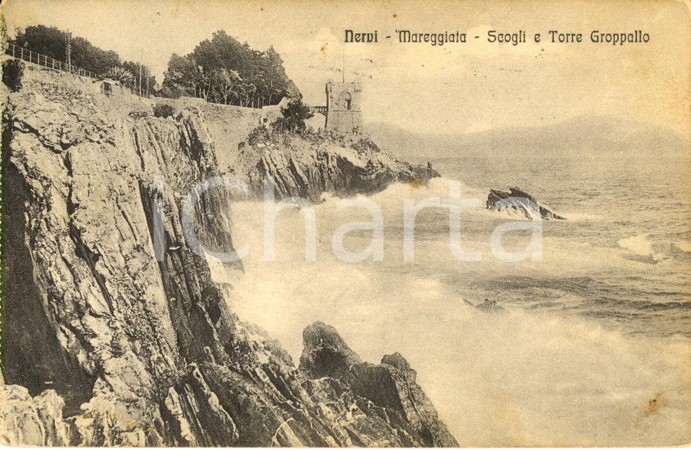 Cartolina originale da collezione 1923 GENOVA NERVI Scoglie e Torre GROPPELLO durante mareggiata *Cartolina FP VG 1