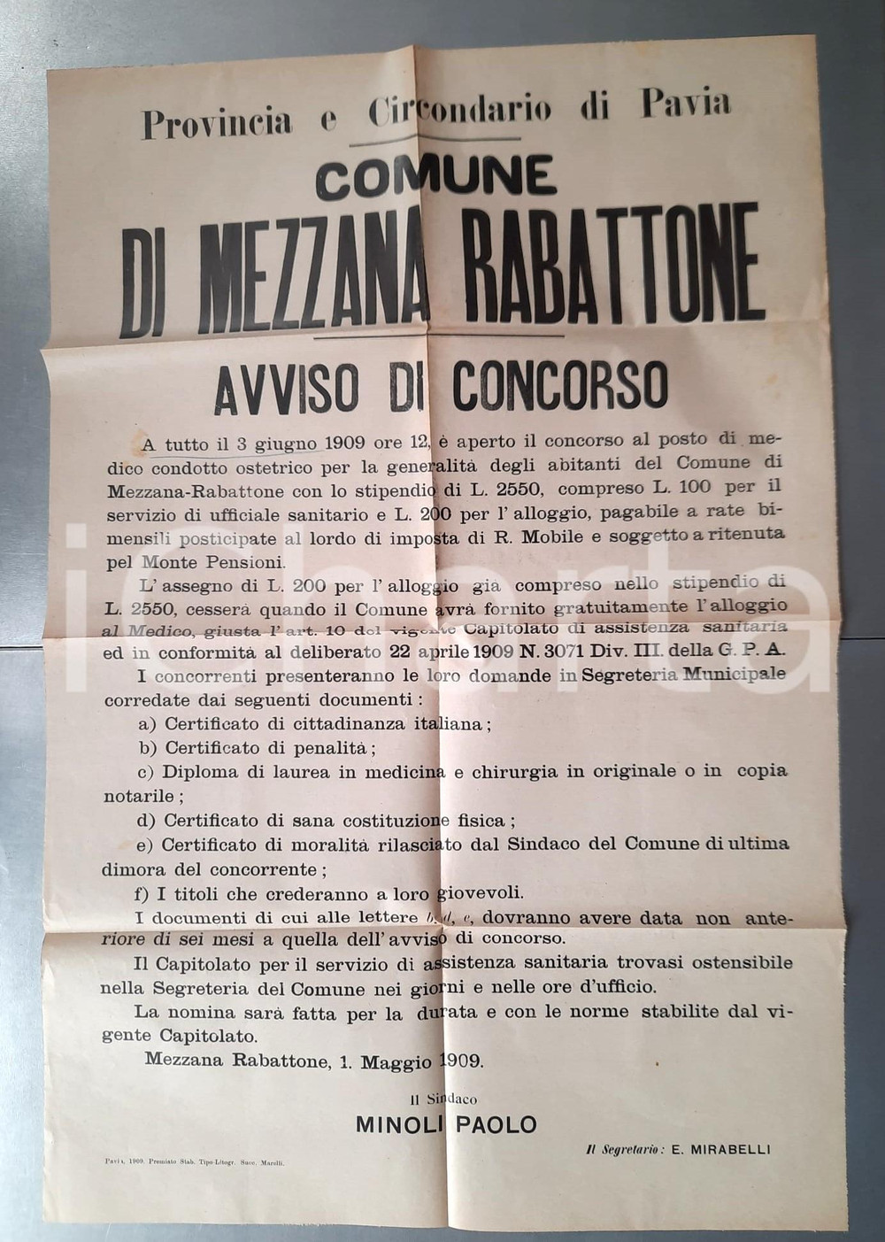 Documento originale, autentico 1909 MEZZANA RABATTONE (PV) Concorso per medico condotto MANIFESTO 1