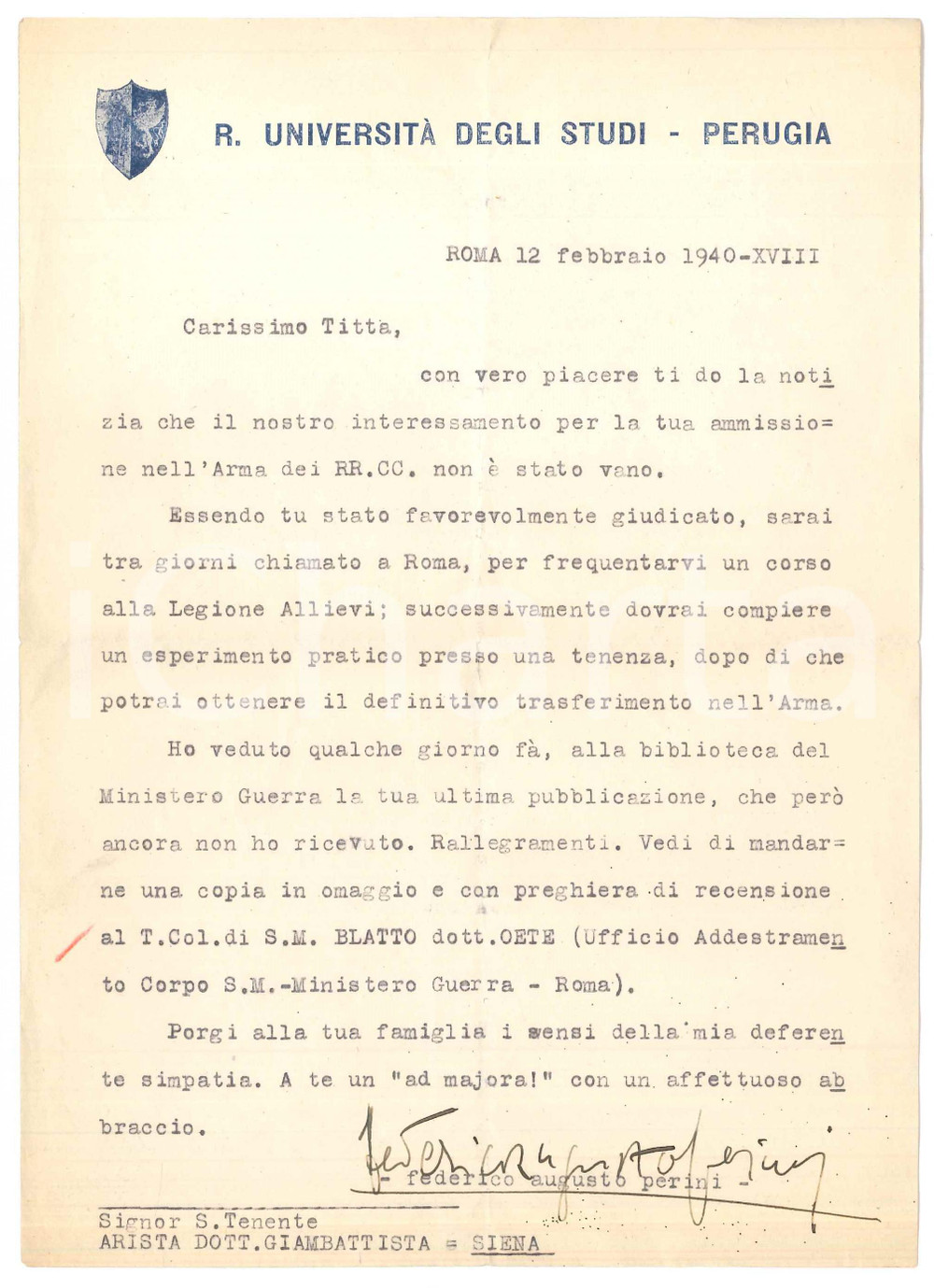 Autografo originale 1940 ROMA Federico Augusto PERINI a un amico futuro carabiniere   AUTOGRAFO 1