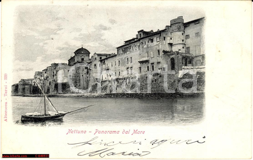 Cartolina originale da collezione 1901 Nettuno - Rara veduta dal mare con vela d'epoca 1