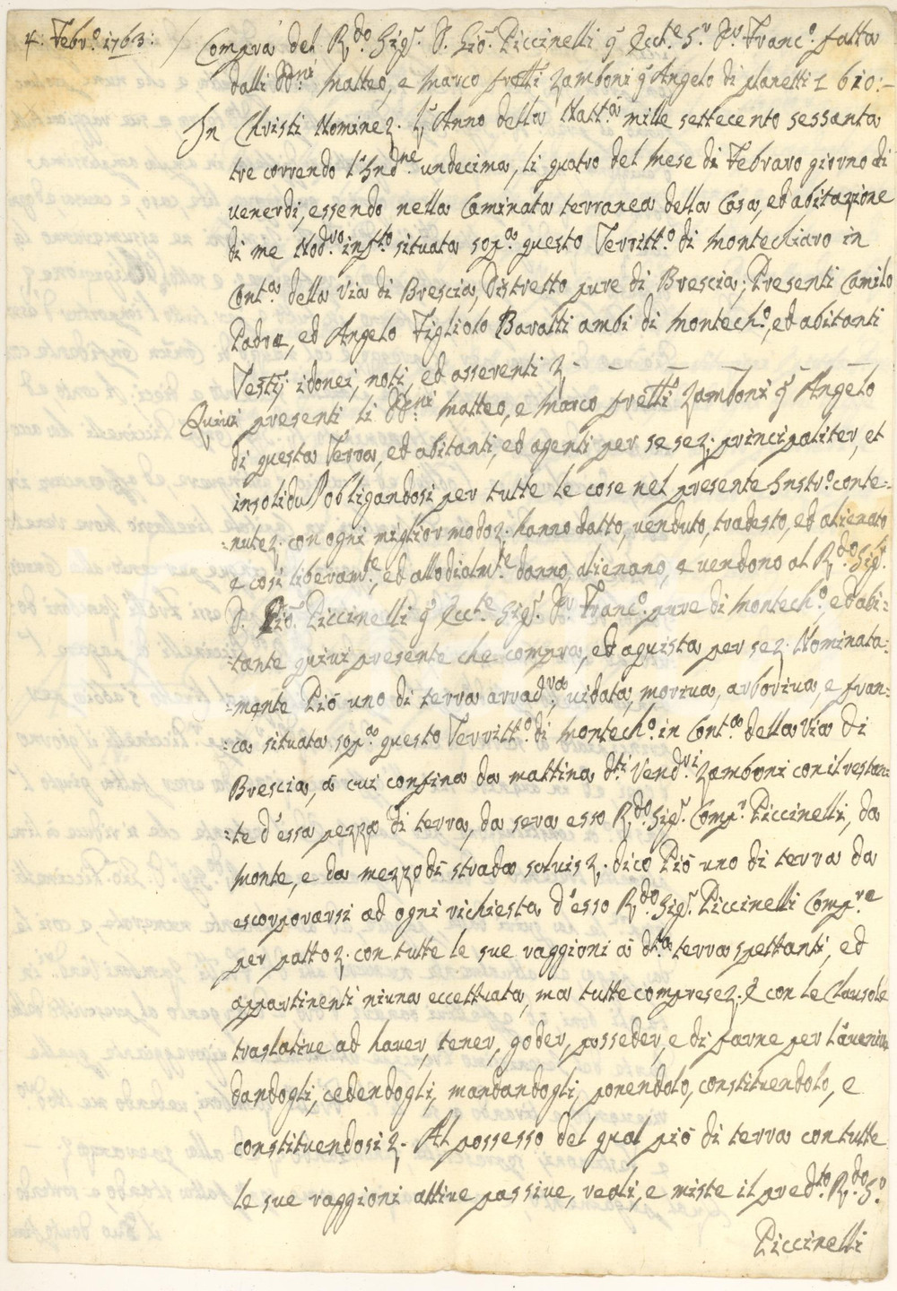 Documento originale, autentico 1763 MONTICHIARI BS Fratelli ZAMBONI vendono terra a Giovanni PICCINELLI 1