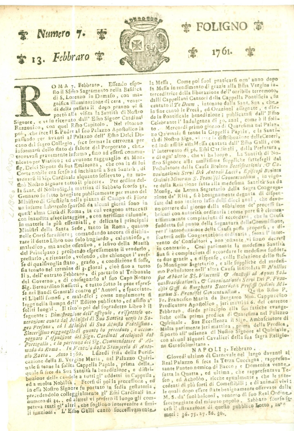 Giornale, rivista storica 1761 GIORNALE DI FOLIGNO n. 7 Rogo e condanna di libro per offese contro CHIESA 1