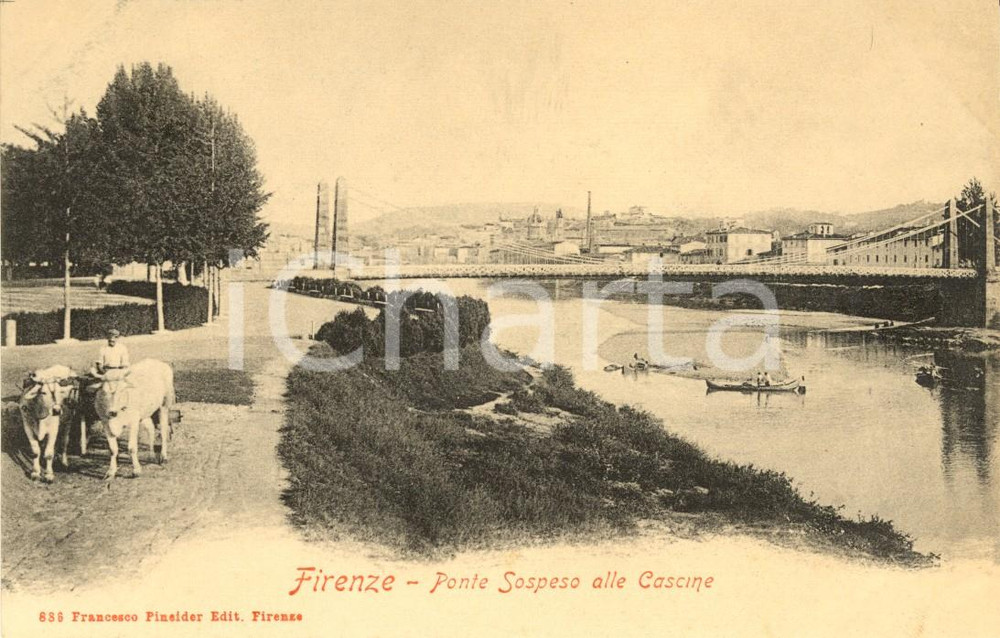 Cartolina originale da collezione 1900 ca FIRENZE Ponte sospeso alle CASCINE *Cartolina ANIMATA con carretto FP NV 1