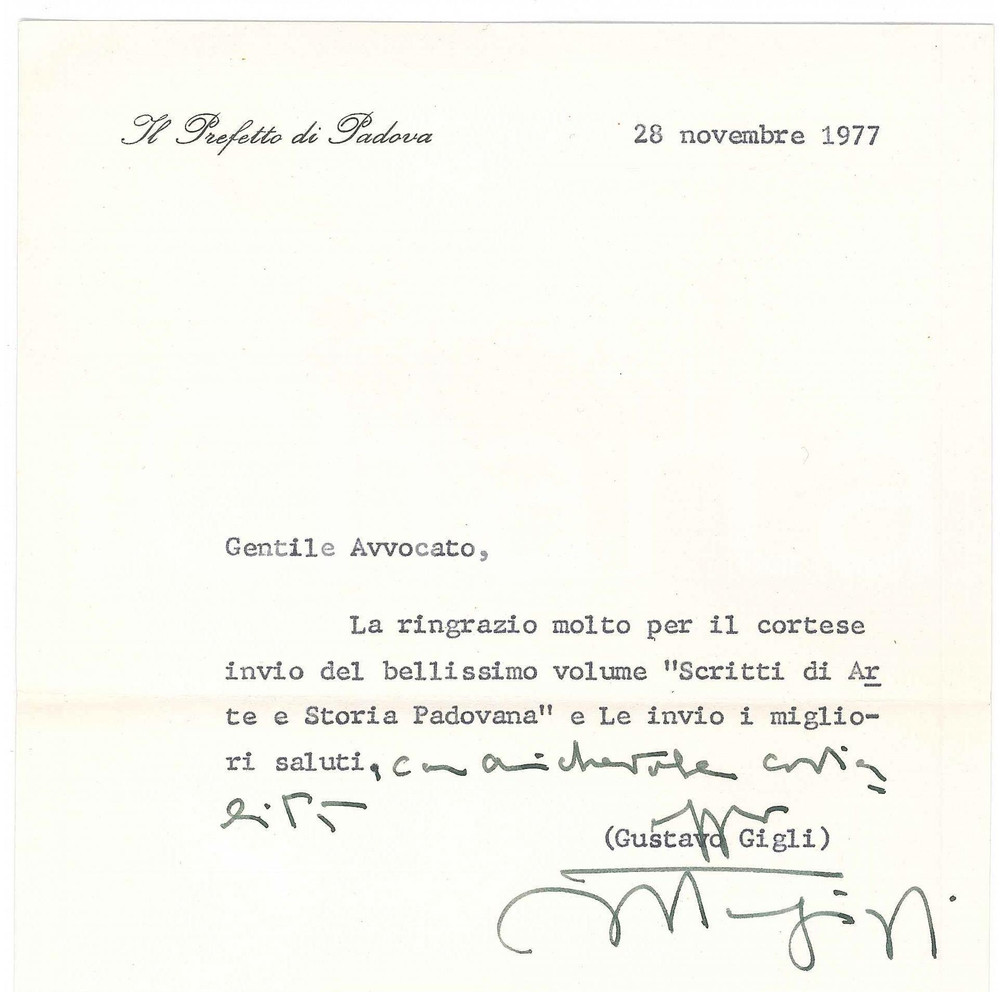 Autografo originale 1977 PADOVA Prefetto Gustavo GIGLI  Lettera per omaggio di un libro  AUTOGRAFO 1