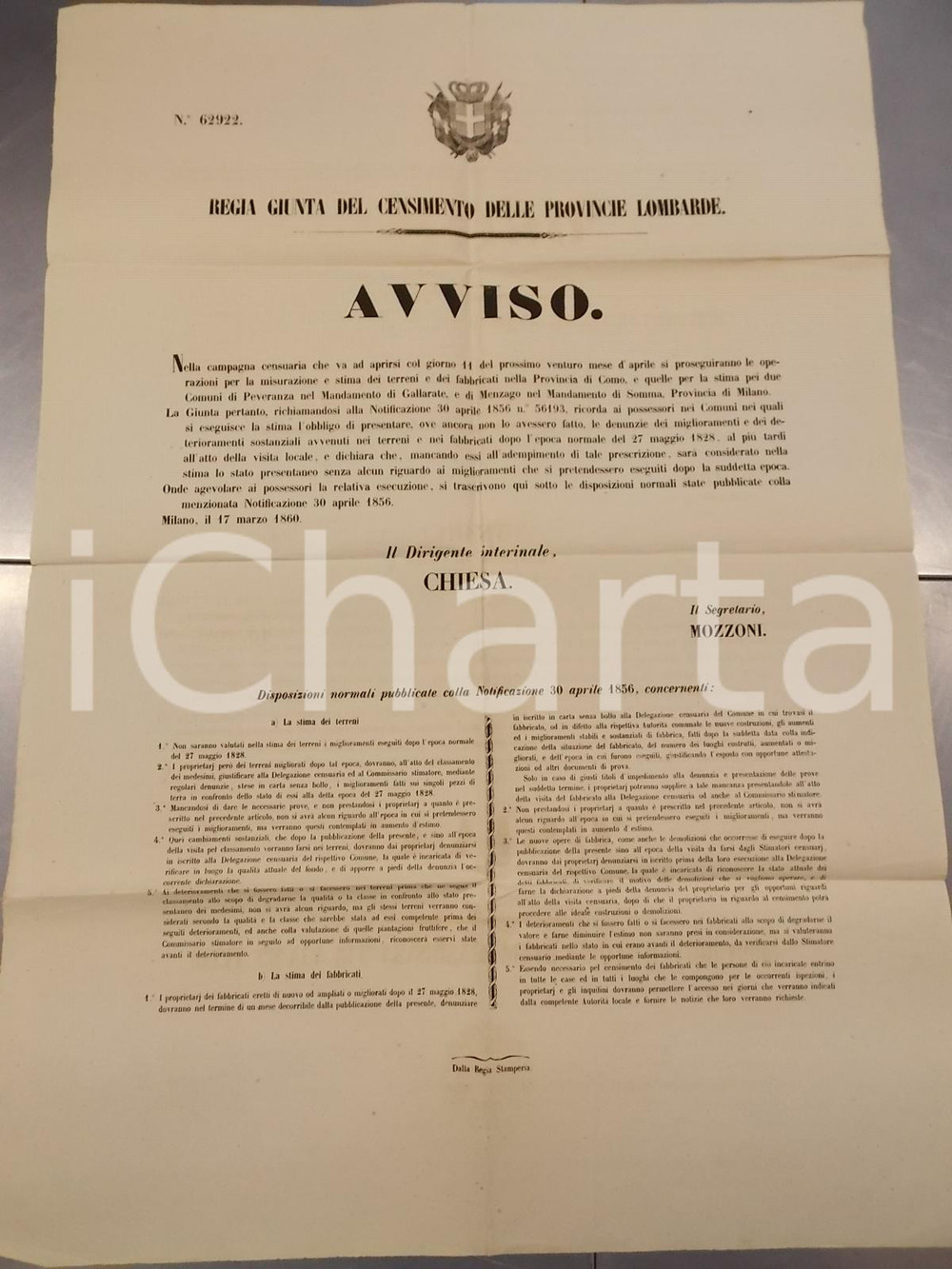 Documento originale, autentico 1860 PEVERANZA  MENZAGO Campagna censuaria per terreni e fabbricati Manifesto 1