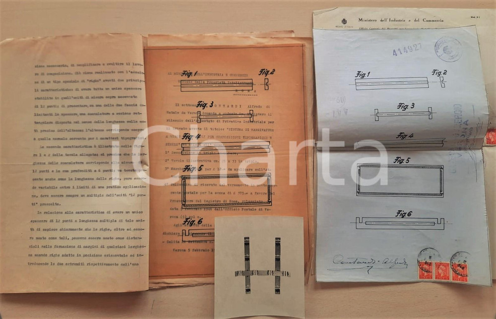 Documento originale, autentico 1946 VERONA Brevetto invenzione Alfredo CONTARDI Sistema marginatura tipografia 1