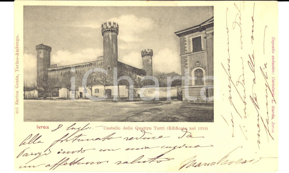 Cartolina originale da collezione 1900 IVREA (TO) Veduta con il castello delle Quattro Torri *Cartolina FP VG 1