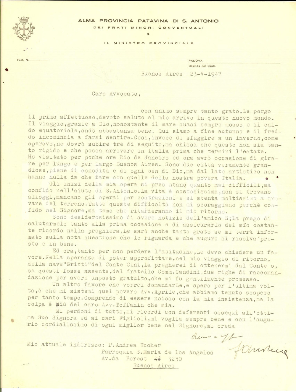 Autografo originale 1947 BUENOS AIRES Padre Andrea ECCHER e la vita difficile in Argentina AUTOGRAFO 1