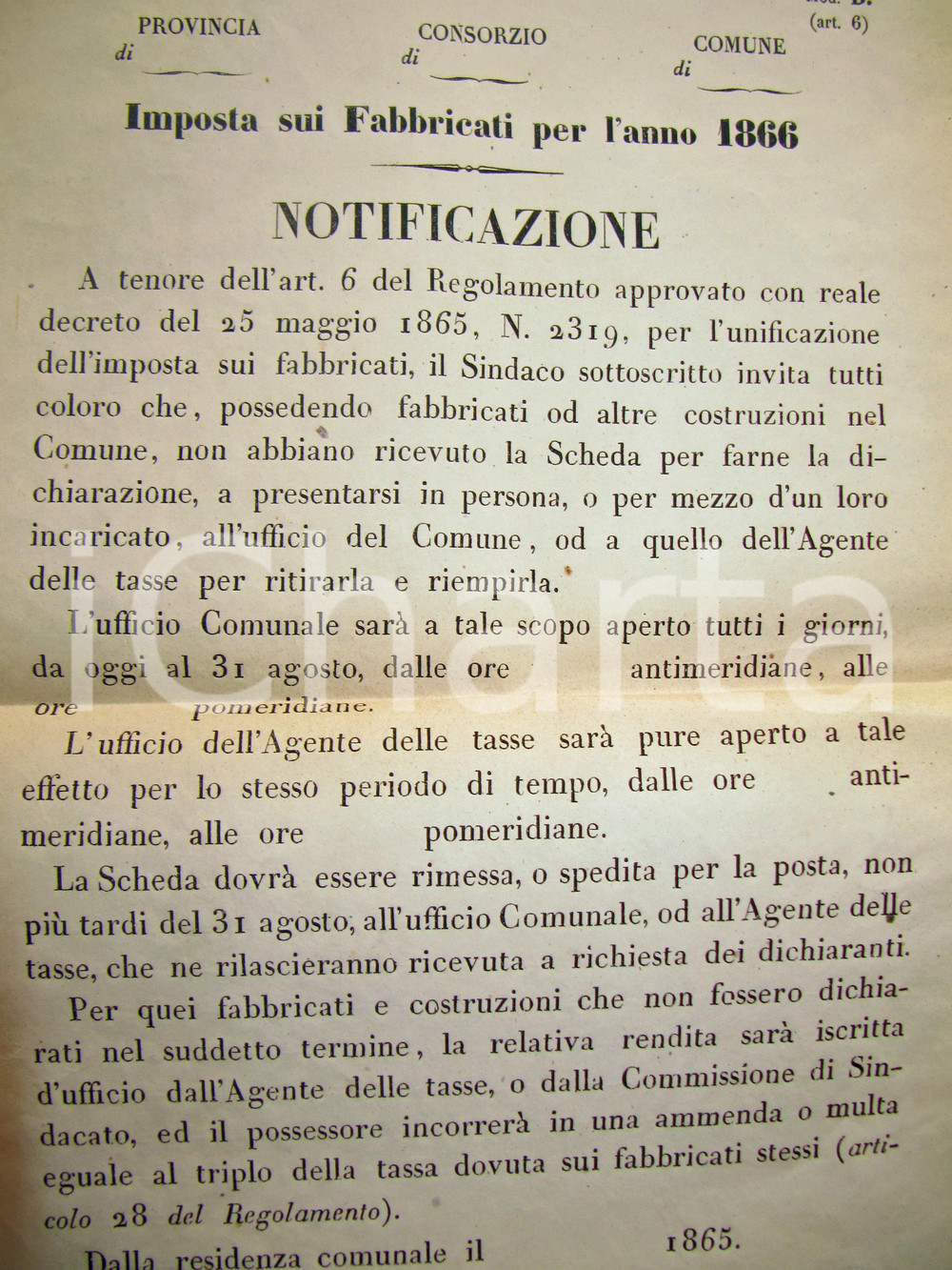 Documento originale, autentico 1865 ROMA Redditi sui fabbricati per l'anno 1866 Manifesto 1