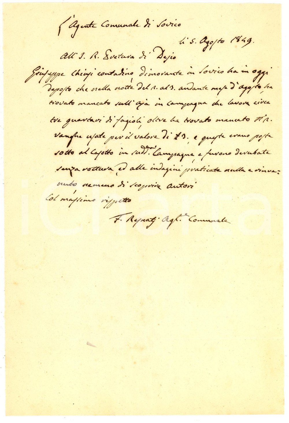 Documento originale, autentico 1849 SOVICO (MB) Furto vanghe e fagioli Giuseppe CHIUSI 1
