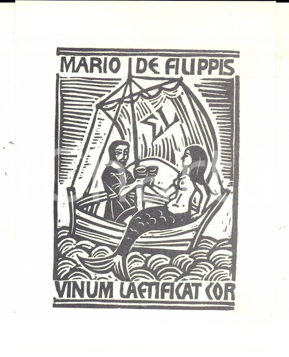 Oggetto da collezione cartaceo 1970 ca Ex Libris MARIO DE FILIPPIS Vinum laetificat cor 11x13 cm 1