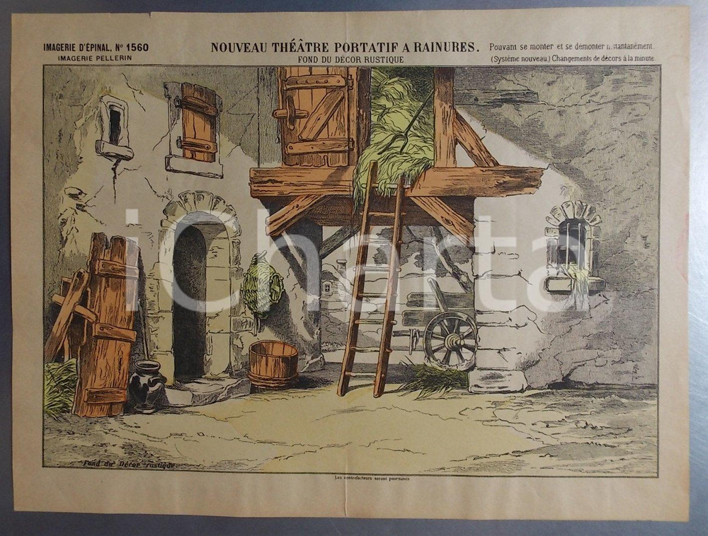 Stampa, bozzetto originale 1870 EPINAL Nouveau thÃ©atre portatif Ã  rainures  Fond dÃ©cor rustique PELLERIN 1