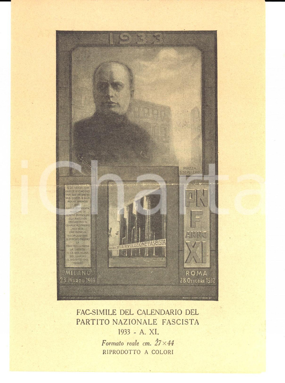 Materiale pubblicitario d’epoca 1933 ROMA PNF Volantino pubblicitario per nuovo calendario a colori 1