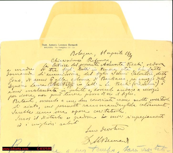 Manoscritto, lettera originale 1929 ONMI BOLOGNA figlio vedova SELMI colonia BARBIANO 1