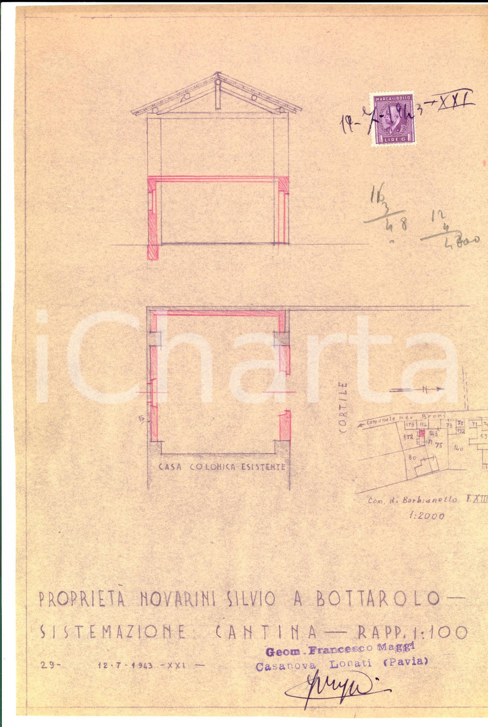Mappa, planimetria storica 1943 BOTTAROLO (PV) Progetto per cantina della casa colonica di Silvio NOVARINI 1