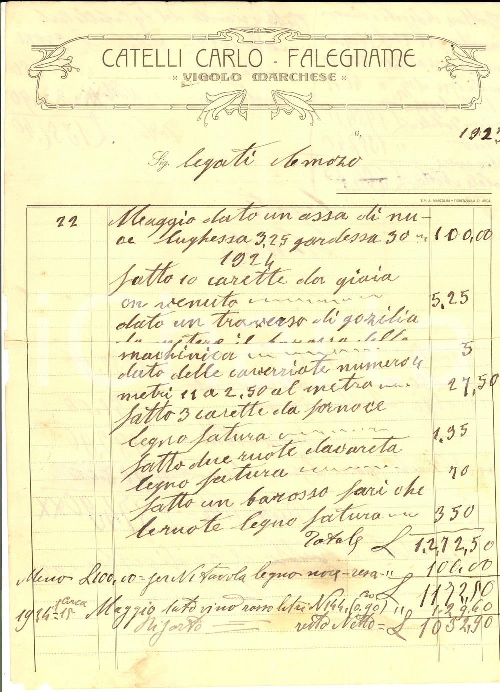 Documento originale, autentico 1923 VIGOLO MARCHESE (PC) Carlo CATELLI Falegname *Fattura intestata 1