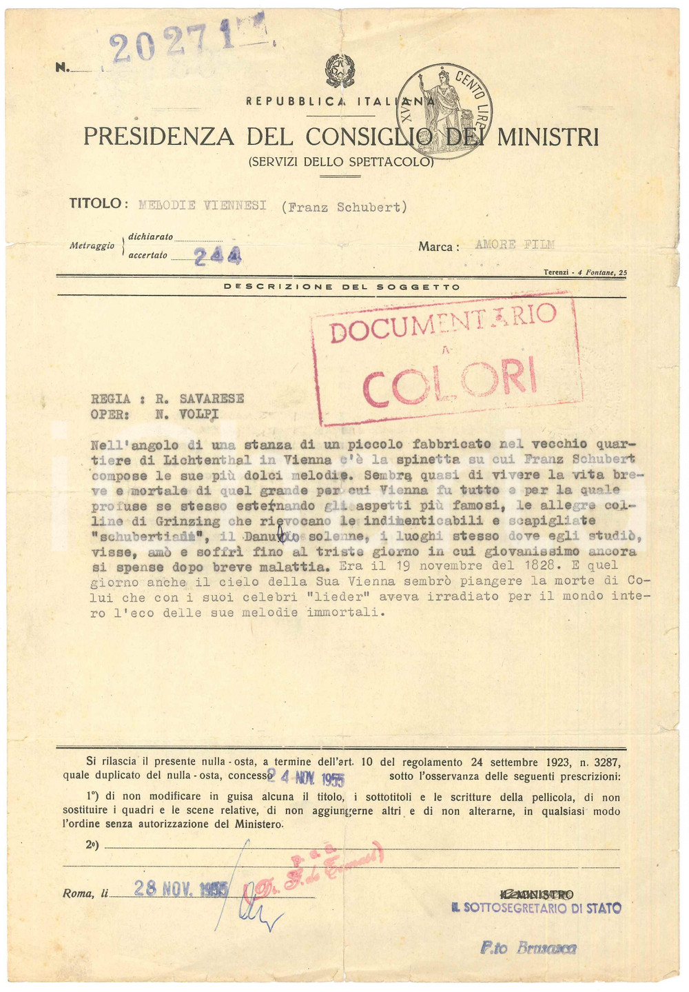 Documento originale, autentico 1955 ROMA  CINEMA  Nulla osta documentario Melodie viennesi di R. SAVARESE 1