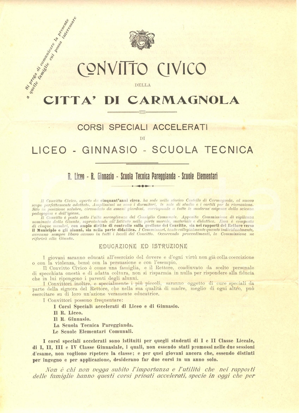 Documento originale, autentico 1900 ca CARMAGNOLA TO Il Convitto Civico insegna con esempio, non con violenza 1