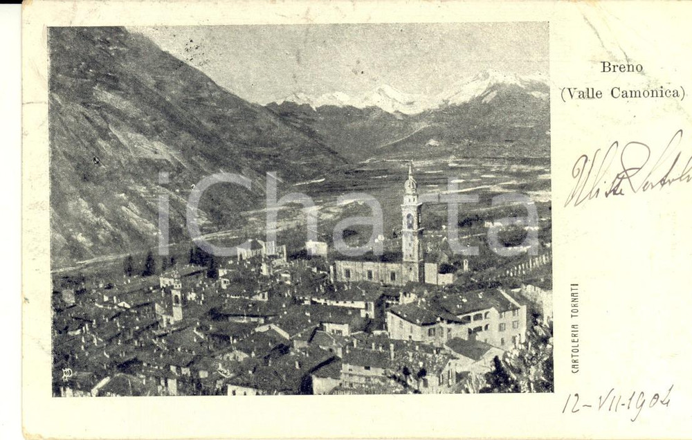 Autografo originale 1904 BRENO (BS) Veduta del paese *Cartolina Ulisse SERTOLI autografa FP VG 1