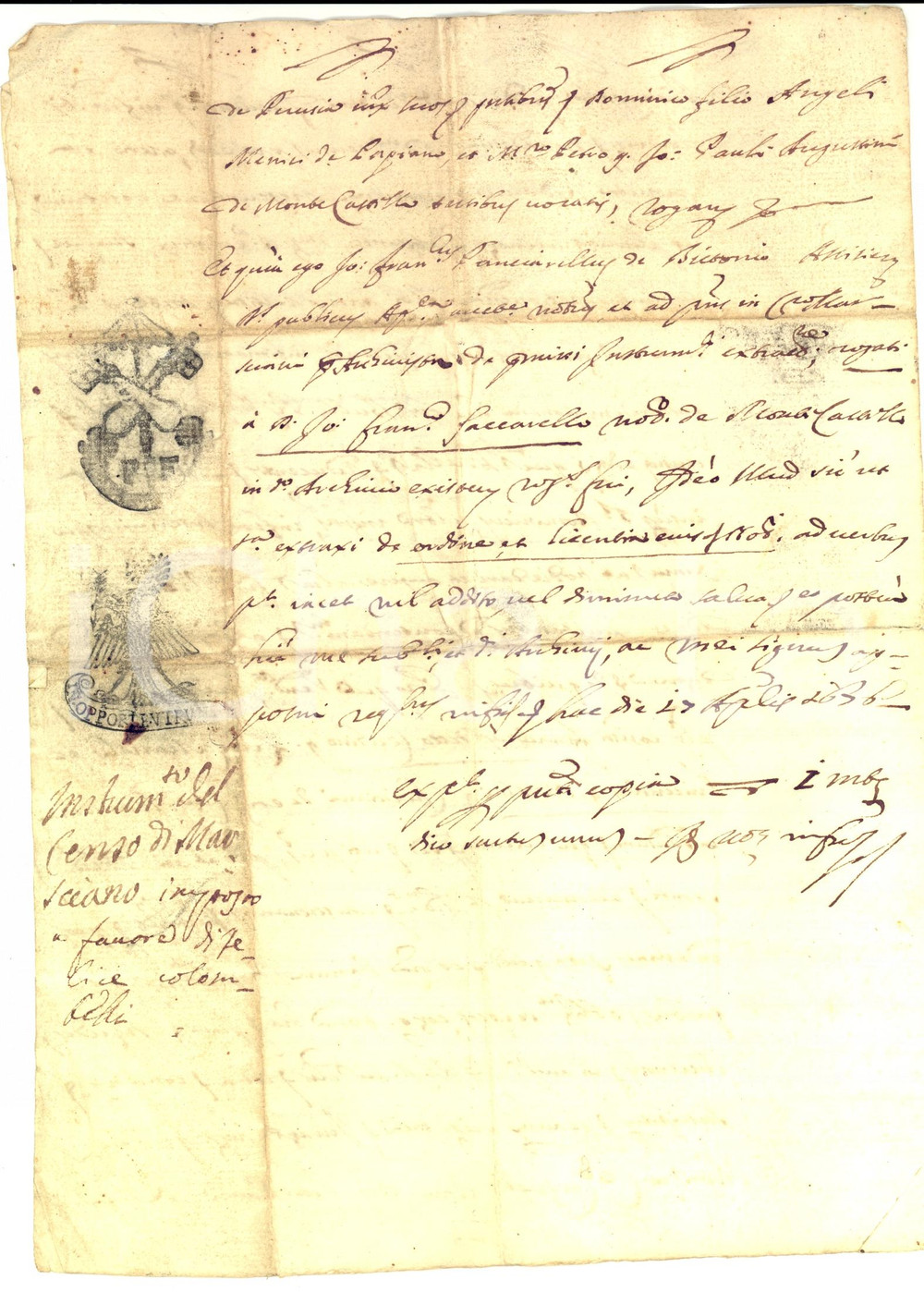 Documento originale, autentico 1647 MARSCIANO PG Istituzione censo pro Felice COLOMBELLI RICCI 1