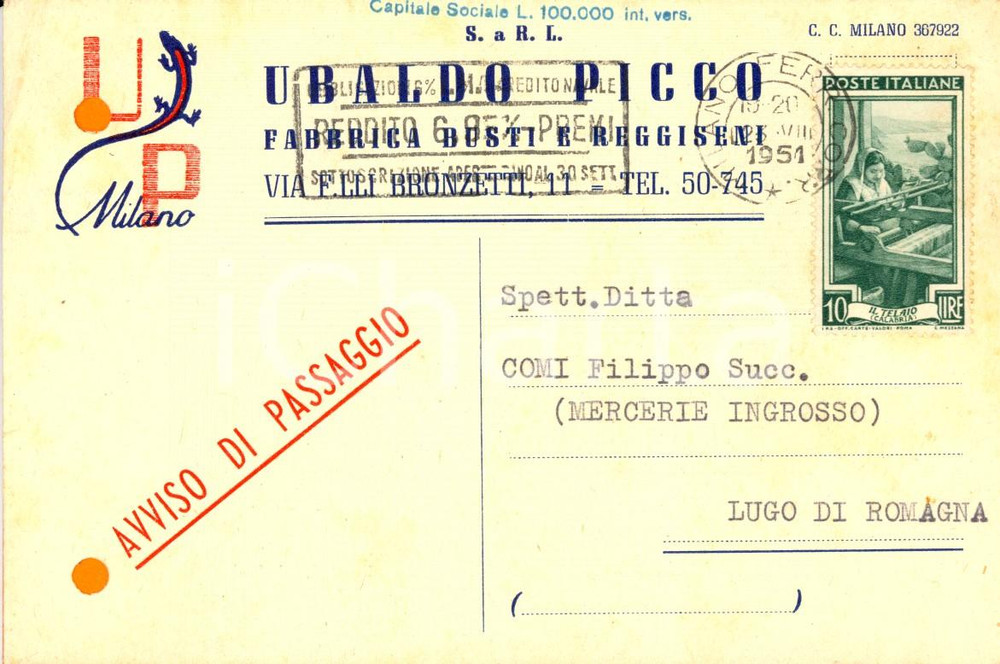 Cartolina originale da collezione 1951 MILANO Busti e reggiseni Ubaldo PICCO Cartolina INTESTATA VG 1