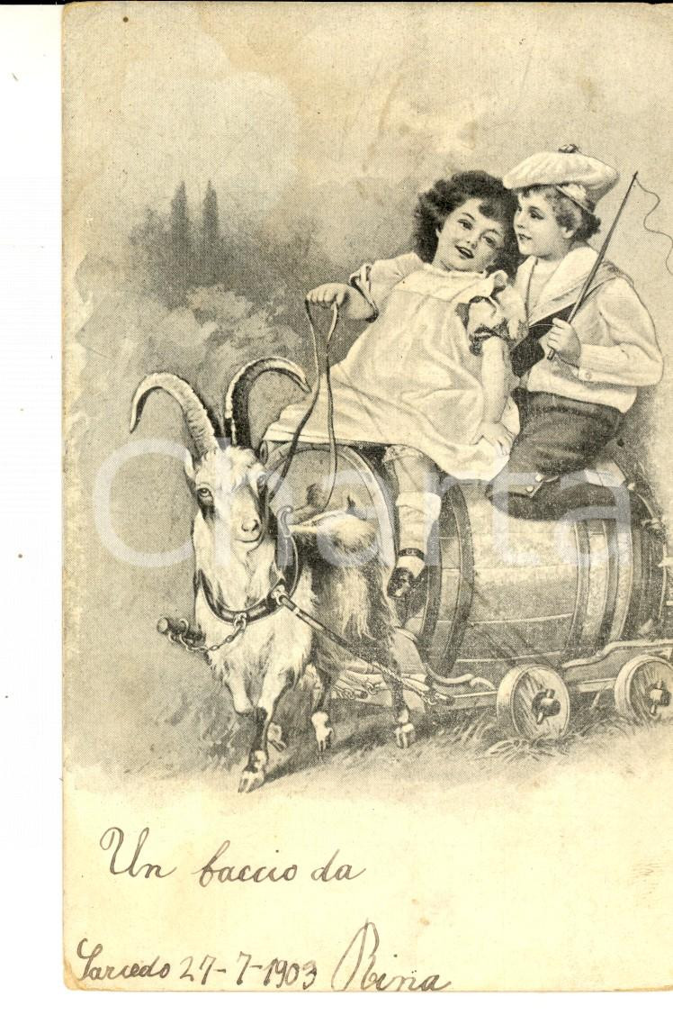 Cartolina originale da collezione 1903 INFANZIA Bambini su una botte trainata da uno stambecco Cartolina VINTAGE 1
