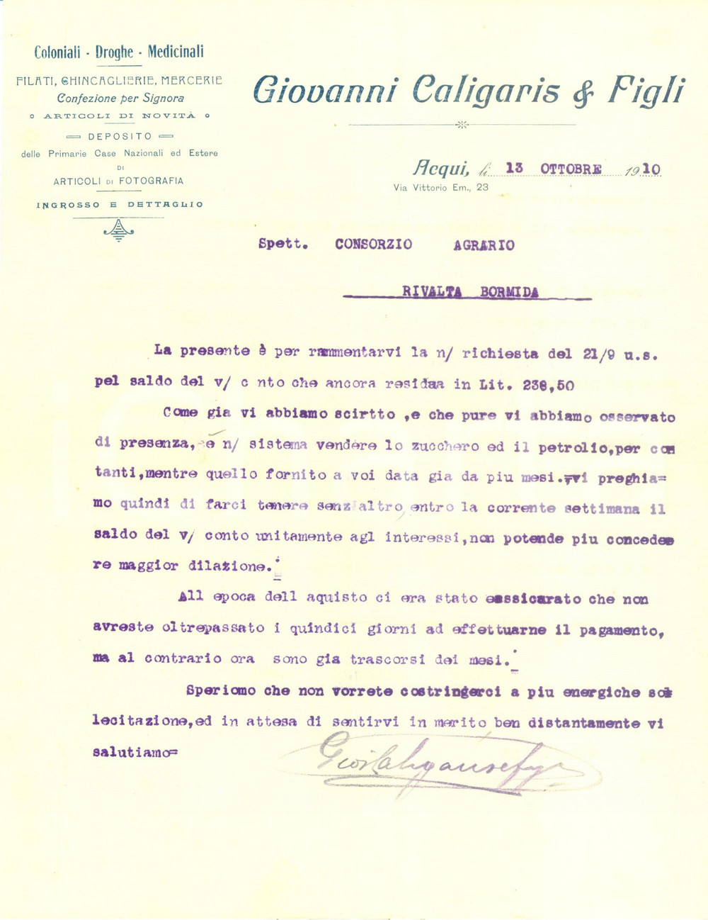 Documento originale, autentico 1910 ACQUI TERME AL Giovanni CALIGARIS & Figli coloniali droghe medicinali 1