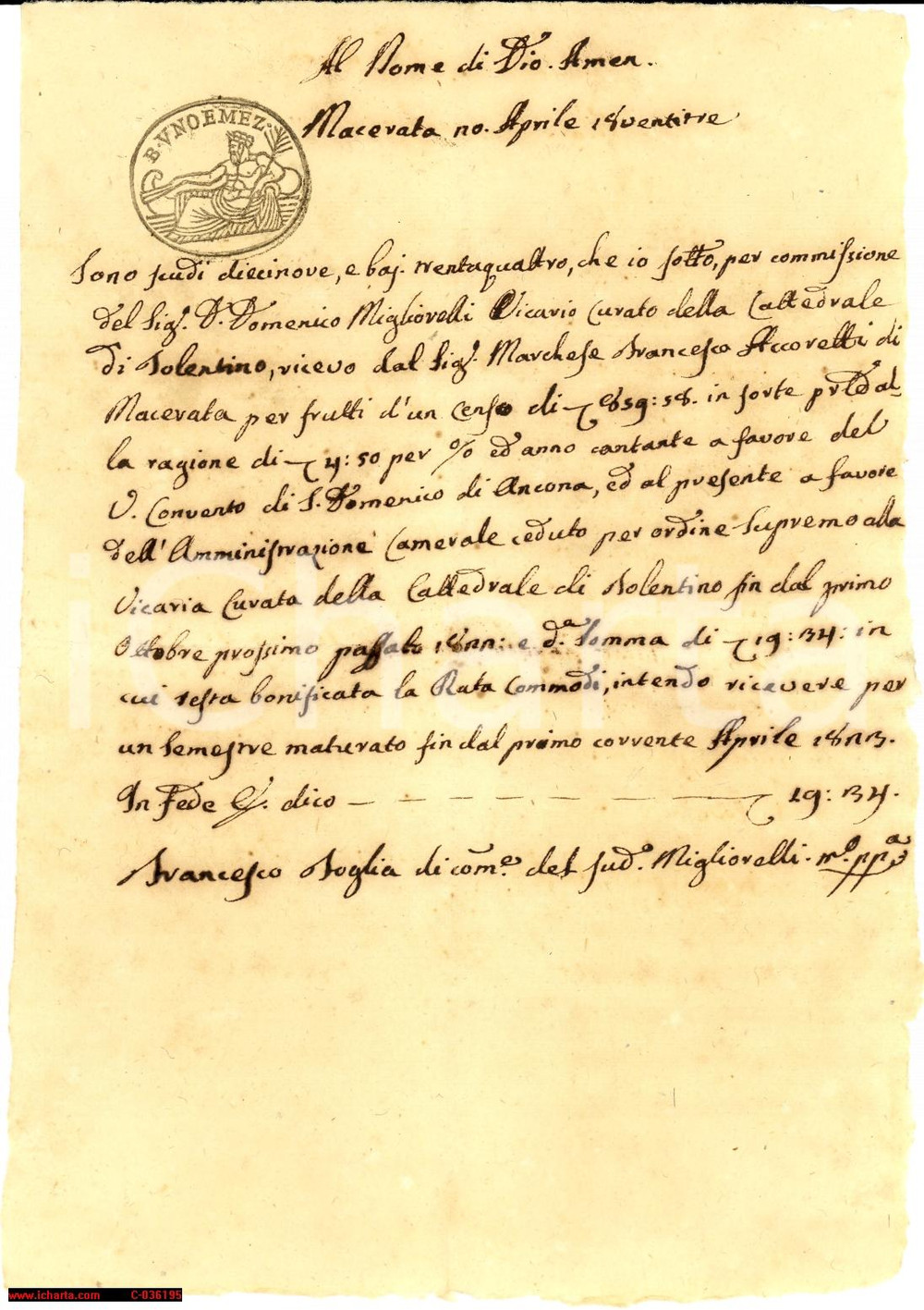 Documento originale, autentico 1823 TOLENTINO (MC) Censo a favore della vicaria curata della Cattedrale 1