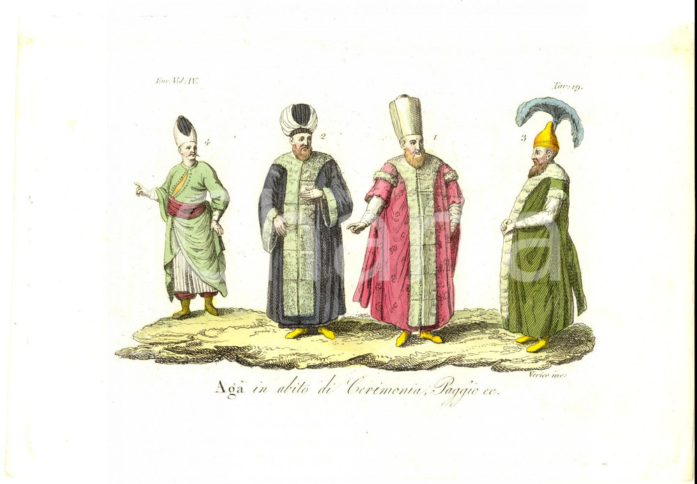 Stampa, bozzetto originale 1826 FERRARIO COSTUME EUROPEO ISTANBUL AgÃ  in abito di cerimonia Inc. VERICO 1