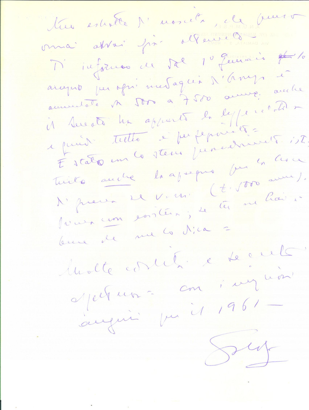Manoscritto, lettera originale 1960 ROMA Presidenza ANUMPSE Nuovi assegni per le medaglie al valore *Lettera 1