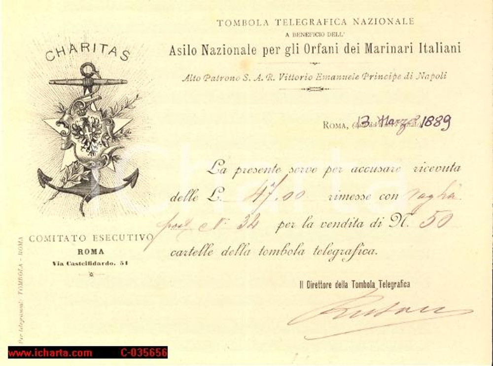 Documento originale, autentico 1889 TOMBOLA TELEGRAFICA ricevuta- splendido logo 1