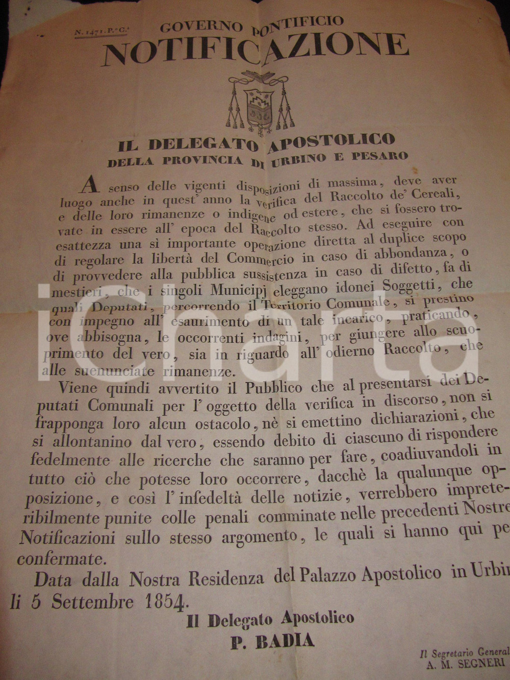 Documento originale, autentico 1854 STATO PONTIFICIO Nessun ostacolo ai Deputati verifica cereali MANIFESTO 1