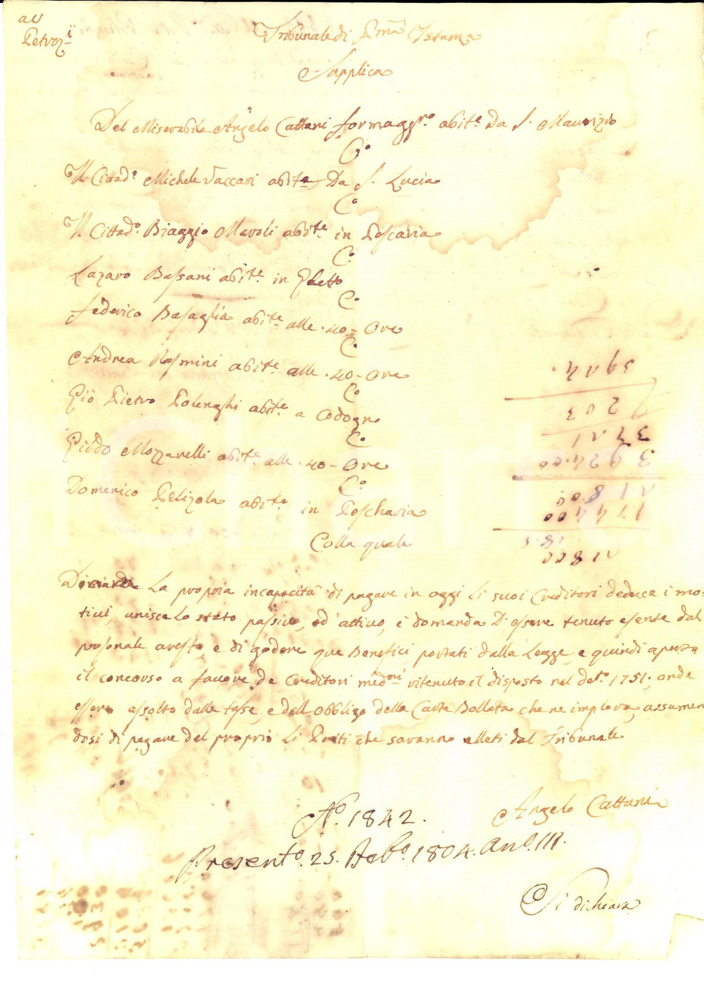 Documento originale, autentico 1804 MANTOVA SAN MAURIZIO Supplica di Angelo CATTANI formaggiaro fallito 1
