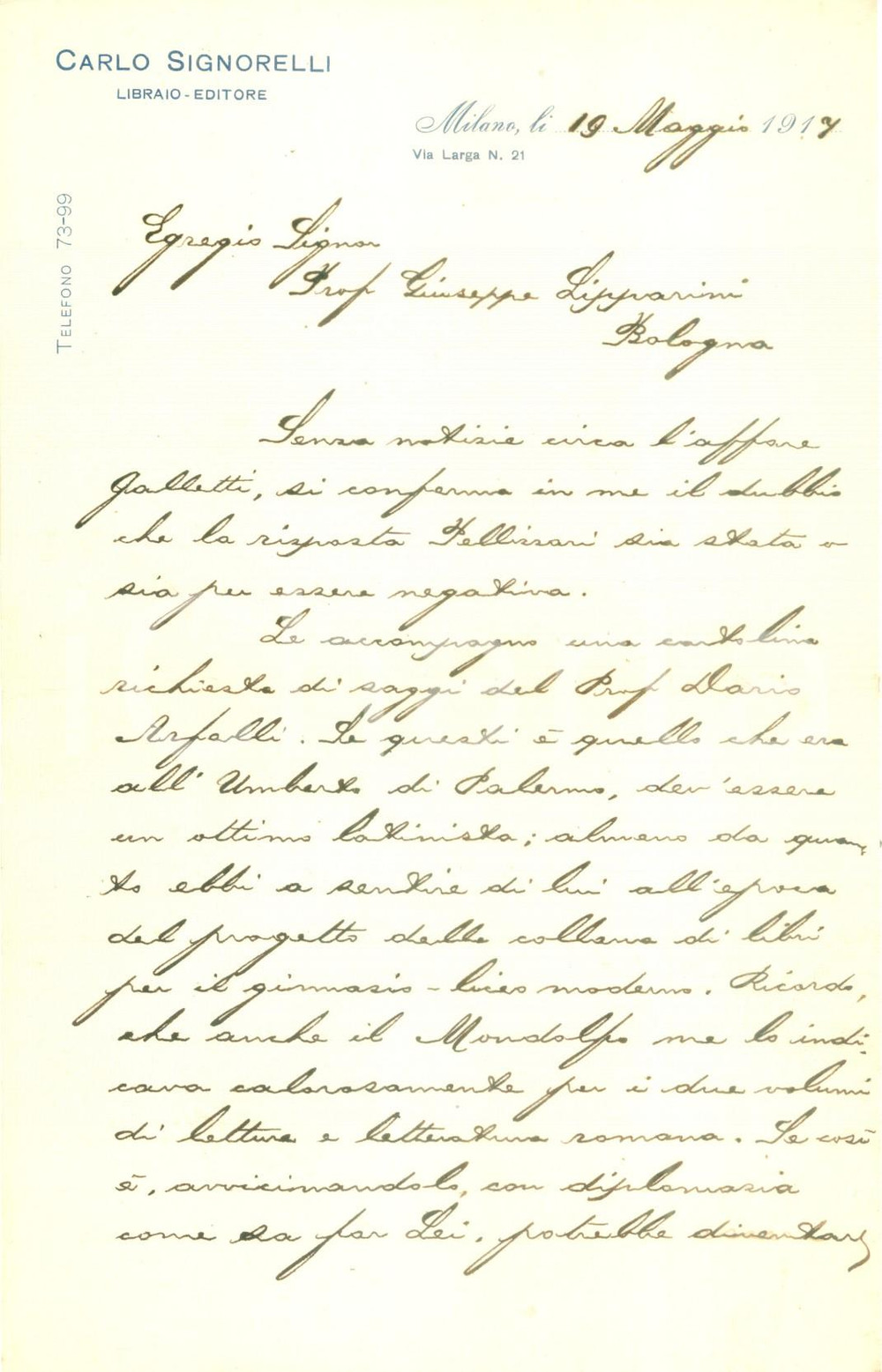 Autografo originale 1913 MILANO Editore Carlo SIGNORELLI su Dario ARFELLI ottimo latinista AUTOGRAFO 1