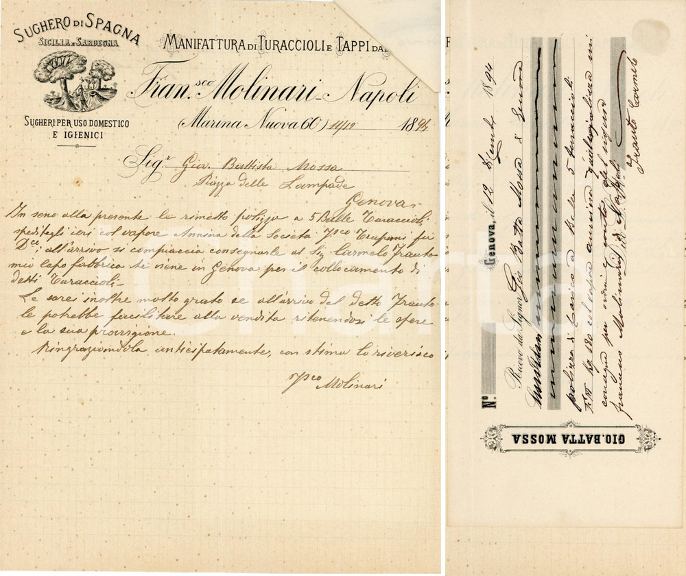 1894 NAPOLI Francesco MOLINARI Manifattura turaccioli - Fattura con bolla Fattura commerciale d'epoca, su carta intestata, manoscritta. Con bolla di accompagnamento.CONDIZIONI: FAIR (piegature d'epoca, piccoli strappi al margine sinistro, bruniture)PAGINE: 1    originale e autentica 1