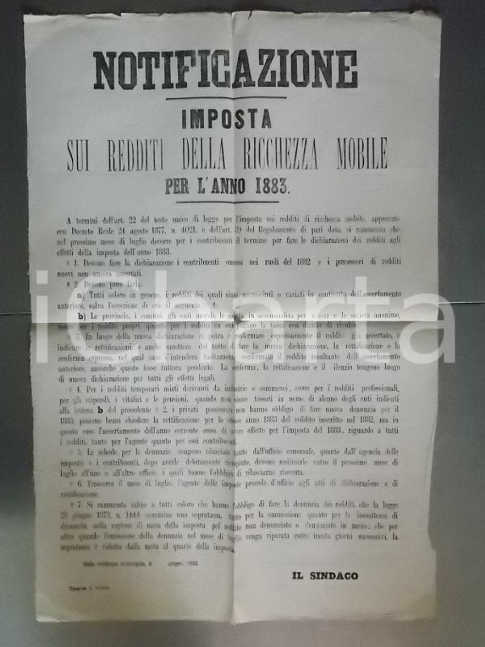 Documento originale, autentico 1882 ROMA Imposta sui redditi della ricchezza mobile Manifesto DANNEGGIATO 1