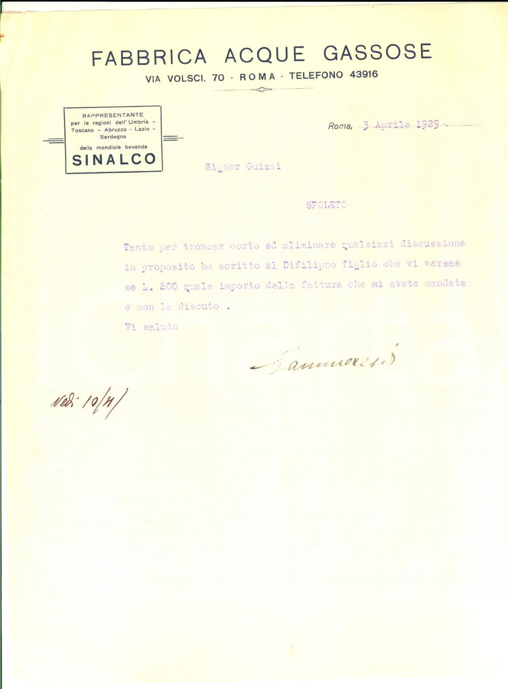 Documento originale, autentico 1929 ROMA FABBRICA ACQUE GASSOSE Rappresentante SINALCO Lettera commerciale 1